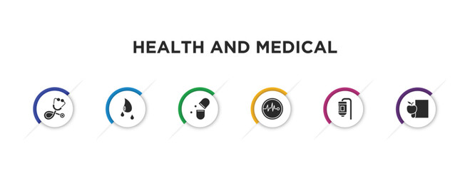 health and medical filled icons with infographic template. glyph icons such as phonendoscope, blood, antibiotics, pulse, medical drip, nutrition vector.