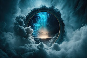 The magical portal of your dreams. Round, circling puffs of smoke. Exploration of a fictional universe in science fiction. a passageway to another world. Generative AI