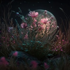 Obraz na płótnie Canvas fairy grass realistic luciole dark fullmoon night magical ambiance pink flowers Generative AI
