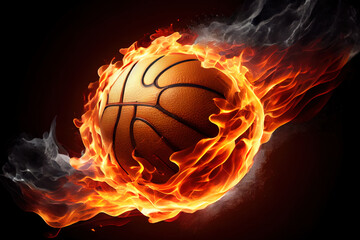 Basket ball in flame goes fast to the basket. Generative Ai