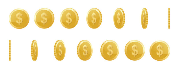 Spin gold coin on transparent background, set of rotation icons at different angles for animation. 3d gold coin. Vector illustration on transparent background