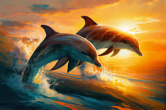 A flock of dolphins frolic in the sea in the rays of the setting sun. AI generated