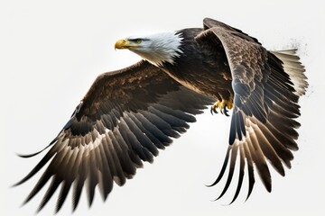 aerial perspective of a soaring bald eagle, white background. Generative AI