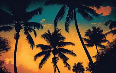 Fototapeta na wymiar Tropical Paradise Silhouettes of Palm Trees Against a Vibrant Orange-Red and Blue Sky, Eliciting Feelings of Wanderlust and Adventure. Generative AI