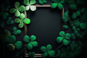 St. Patrick's day decoration concept including wooden frame and lucky 4 leaf clover border, black background flat lay template concept. Happy St. Patrick's day, St patty's day celebrate