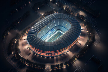 Photo top view of a soccer stadium at night with the lights on. 3d rendering. Generative Ai