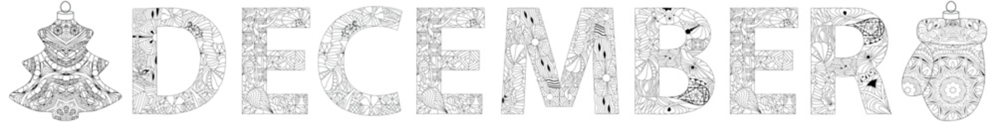 DECEMBER hand drawn modern design vector illustration for coloring.