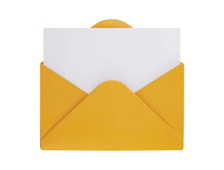 Photo letter 3d render open yellow envelope with empty paper card 3d vector icon illustration
