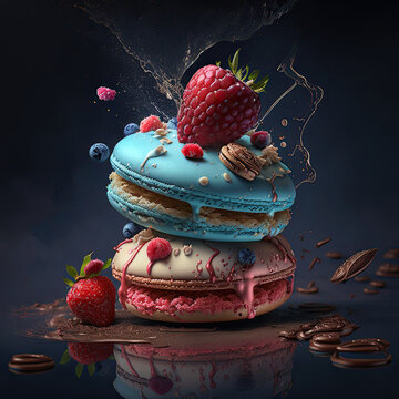 Traditional french sweet colorful macarons with berries. Generative AI.