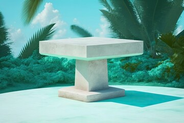 Presenting goods on a concrete pedestal set against a lush tropical environment. Generative AI