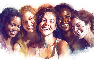 Group of women, happy and proud, watercolor style illustration, internacional women's day, multiracial women, together, women's empowerment - obrazy, fototapety, plakaty