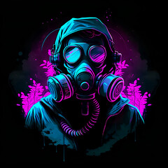 Stylized portrait of a person wearing a gas mask. Isolated on black background. Generative AI