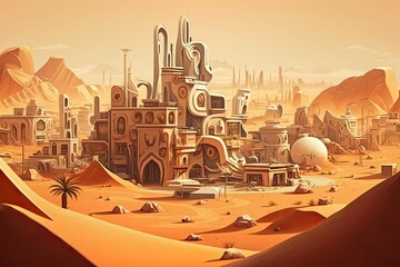 Desert City, My Tiny Urban Landscape. Digital CG Concept Art, Concept Illustration, and Background Design for a Video Game in a Photorealistic Cartoon Style. Generative AI