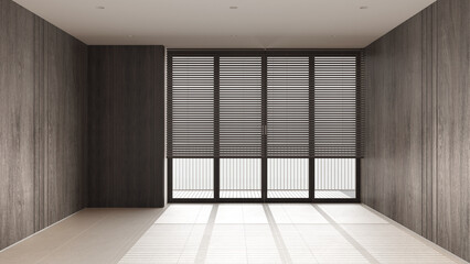 Empty room background, dark wooden walls, marble tiles floor and big window with venetian blind, white modern architecture interior design