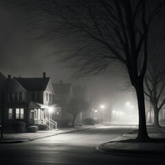 foggy chicago suburbs night 1950's film empty streets tail lights Generative AI