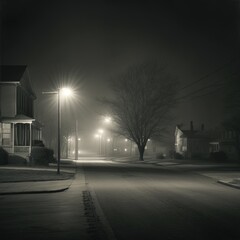 foggy chicago suburbs night 1950's film empty streets tail lights Generative AI