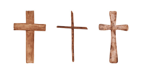 Set of 3 Religious crosses isolated on a transparent background. Watercolor wooden Christian cross illustration. The hand-painted catholic or orthodox symbol for the first community, and Easter.