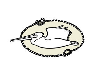 Vector card with hand drawn graceful flying pelican in nautical rope frame. Ink drawing, decorative graphic style. Beautiful animal design elements, perfect for logo design