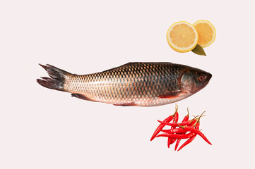 Fresh fish with lemon and chili pepper isolated on white background.