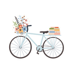 Bicycle with a basket. Flowers and books. Cute vector illustration.