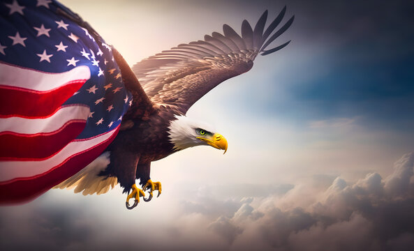 Bald eagle taking flight in front of an American flag clouds sky. Generative AI
