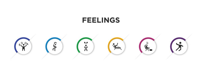 feelings filled icons with infographic template. glyph icons such as angry human, scared human, heartbroken human, relaxed lazy excited vector.