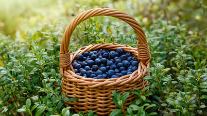Wild blueberry berries in a wicker basket on the forest. Natural organic products