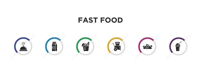 fast food filled icons with infographic template. glyph icons such as hot dish, milk bottle, groceries, street food, taco, beverage vector.