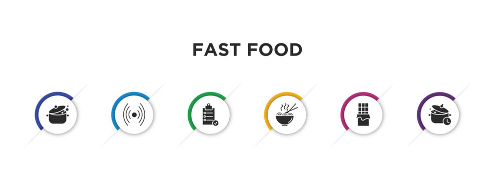 fast food filled icons with infographic template. glyph icons such as cooking, online, preparation, noodles, chote, cooking time vector.