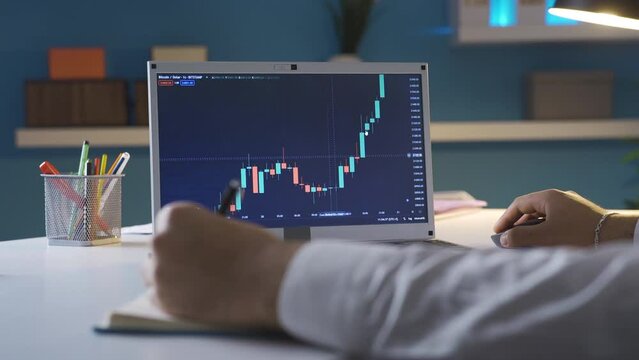 The investment expert man is analyzing the bitcoin bullish charts on the stock market and expresses that he is satisfied.