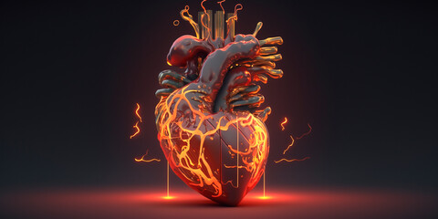 Heart in 3D animations with broken glowing elements Heart attack Emergency AI generated illustration