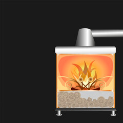  Fire in the fireplace. Modern metal fireplace with a grate made of metal elements, with a firewood tray.