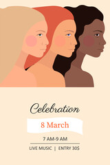 Different women in profile on a white background. Poster for International Women's Day. Women Power.