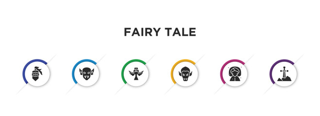 fairy tale filled icons with infographic template. glyph icons such as knight, goblin, harpy, vampire, fairy godmother, excalibur vector.