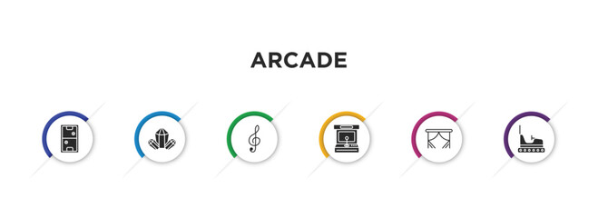 arcade filled icons with infographic template. glyph icons such as air hockey, crystal, g clef, arcade hine, curtain stage, bumper car vector.