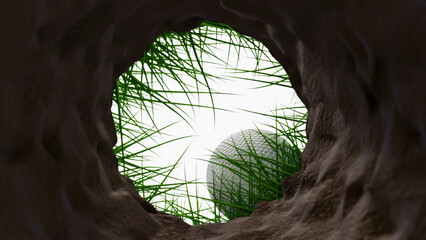 white golf ball falls into the hole view from the hole. 3d render illustration