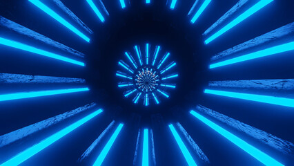 Background metal tunnel with blue backlight. 3d render illustration