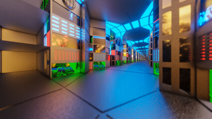 spaceship tunnel background. futuristic technological corridor. 3d render illustration