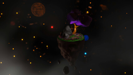 space fantasy landscape. purple tree on an island in space. 3d render illustration