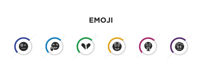 emoji filled icons with infographic template. glyph icons such as sceptic emoji, hello emoji, broken heart excited vomit injured vector. - obrazy, fototapety, plakaty
