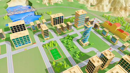 background stylized three-dimensional city with train cars. 3d render illustration