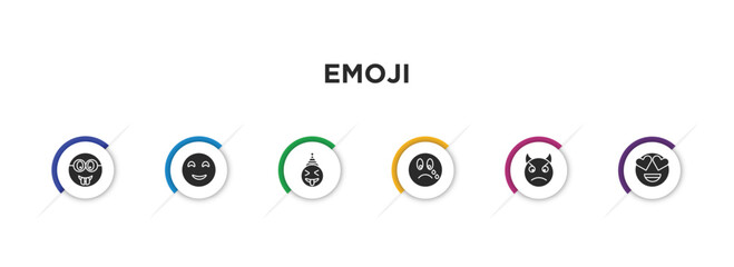 emoji filled icons with infographic template. glyph icons such as nerd emoji, blushing emoji, crazy cry angry with horns in love vector.