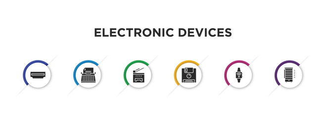 electronic devices filled icons with infographic template. glyph icons such as hdmi, typewriter, copy hine, floppy, smartwatch, rotisserie vector.