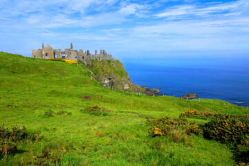 Ruins of the medieval Dunluce Castle along the green cliffs of the Causeway Coast, Northern Ireland