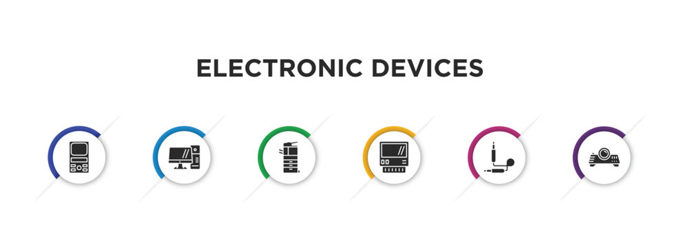 electronic devices filled icons with infographic template. glyph icons such as weighing, personal computer, copier, lisa, sound cable, projector vector.