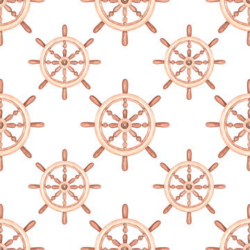 Seamless pattern wooden steering wheel. Watercolor illustration. Isolated on a white background. For your design stickers, design of men's and children's products, fabrics