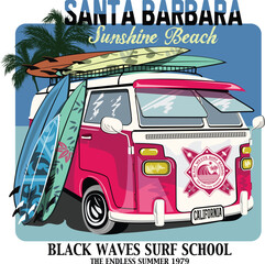 vector surf bus.surf board shop.vintage poster.