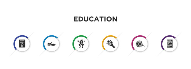 education filled icons with infographic template. glyph icons such as thesis, shoe, frog, bouquet, browsing, library vector.