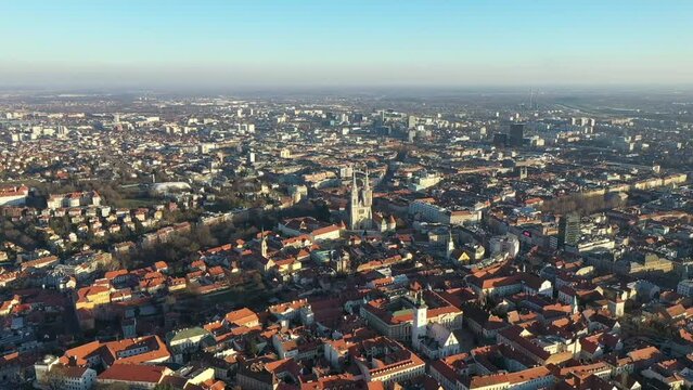 Cityscape of Zagreb old town. Zagreb Cathedral in Background. It is on the Kaptol, is a Roman Catholic institution and the tallest building in Croatia