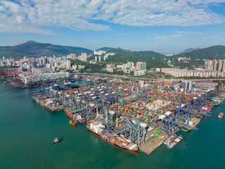 Top view of cargo terminal port in Hong Kong city